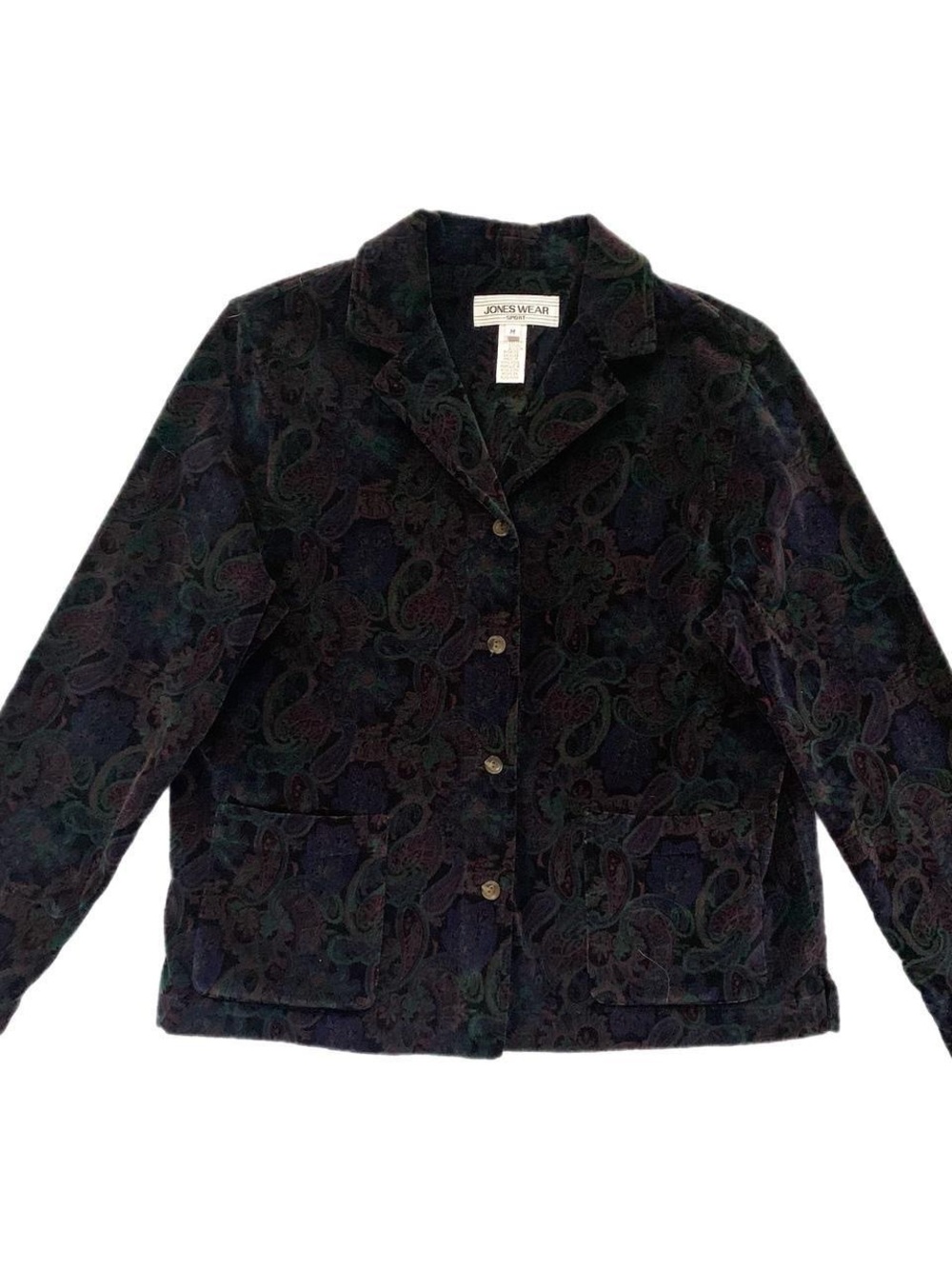 Jones Wear 100% Cotton Dark Paisley Button Jacket with Green & Purple Accents